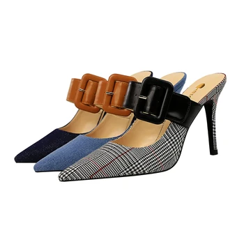 

Women Slippers High Heel Sandals Summer Slip On Slides Fashion Mules Sexy Pointed Toe Women Slide Big Buckle Outdoor Slipper