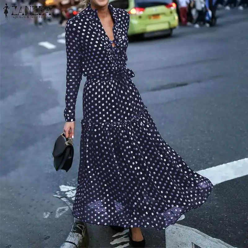

ZANZEA Women Vintage Polka Dot Maxi Long Dress Autumn V neck Long Sleeve Party Sundress Elegant Lace Up Chiffon Vestido Robe