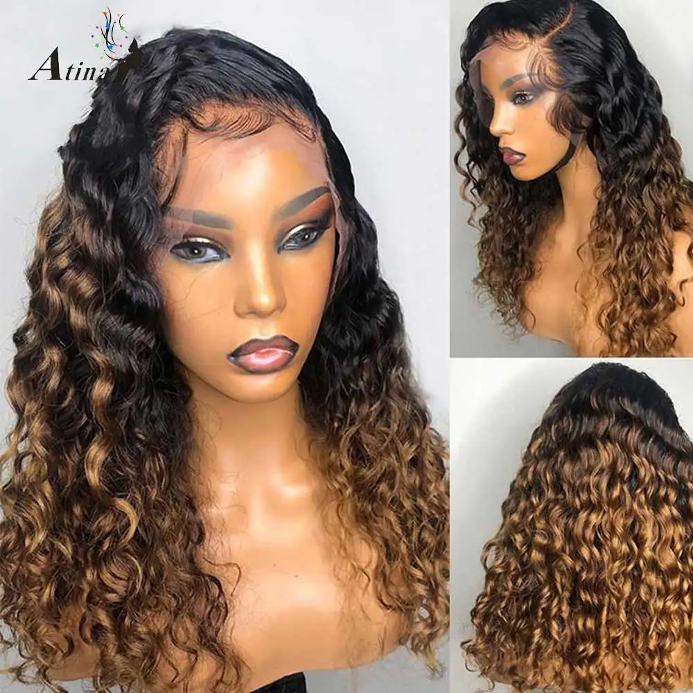 

Ombre Honey Blonde Curly 13X6 Lace Front Human Hair Wig Brazilian Remy Preplucked Glueless With Baby Hair 150 180 Density Atina