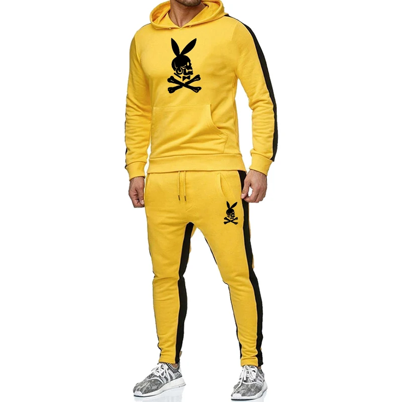Зимние мужские комплекты, спортивный костюм, для бега, Chandal Hombre, спортивный костюм, Повседневный свитер с капюшоном, штаны, хлопок, Ropa Hombre, толстовка - Цвет: Yellow 1