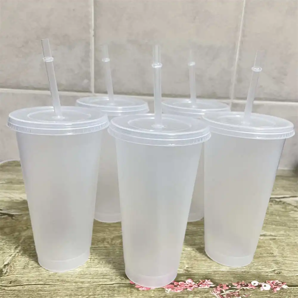 Tumbler Cup Water Cup Straw Cup Tumbler with Lid Reusable Cup Plastic Transparent Water with Straw Cold Beverage Kitchen Accessory 700ml 5pcs