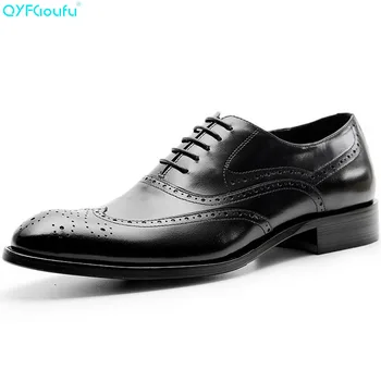 

QYFCIOUFU Genuine Cow Leather Vintage Brogue Shoes Men Fashion Carving Dress Shoes Oxfords Black Red Wine Lace-up Business Shoes