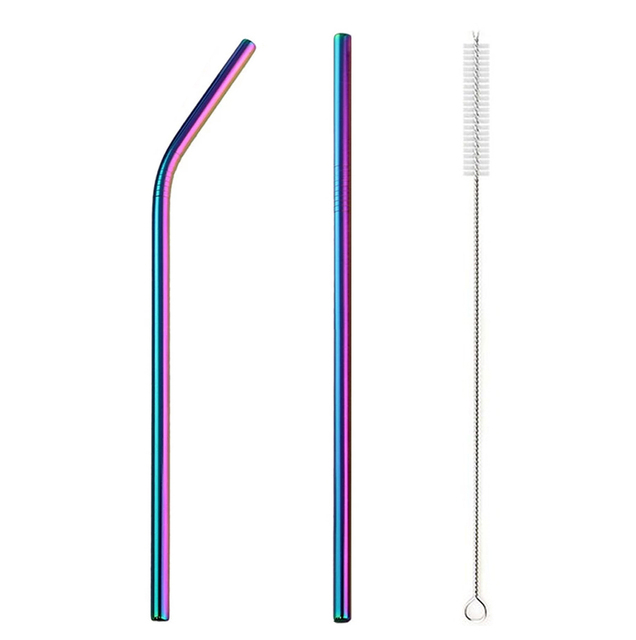Reusable Metal Drinking Straws 304 Stainless Steel Straw Sturdy Bent Straight Straw with Cleaning Brush Bar Party Acce