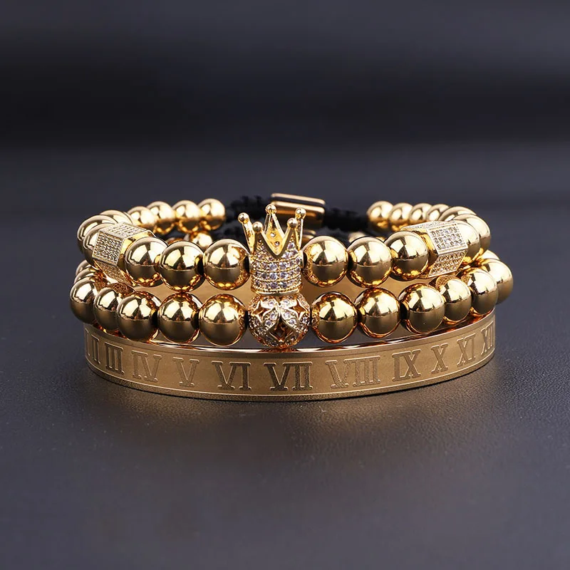 New Fashion High Quality Men Jewelry Bracelet Luxury CZ Imperial Crown Charm Stainless Steel Bangle Bracelet Set Men Jewelry