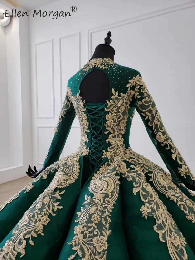 Мусульманские Бальные платья для невесты с длинными рукавами Vestidos De Novia темно-зеленые пышные кружевные свадебные платья с круглым вырезом и открытой спиной в Дубае