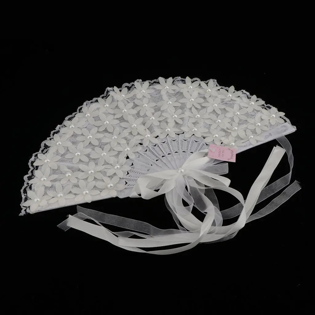 Lace Folding Fan White Flowers with Ribbons Handheld Fan For Women Bridal wedding handheld fan