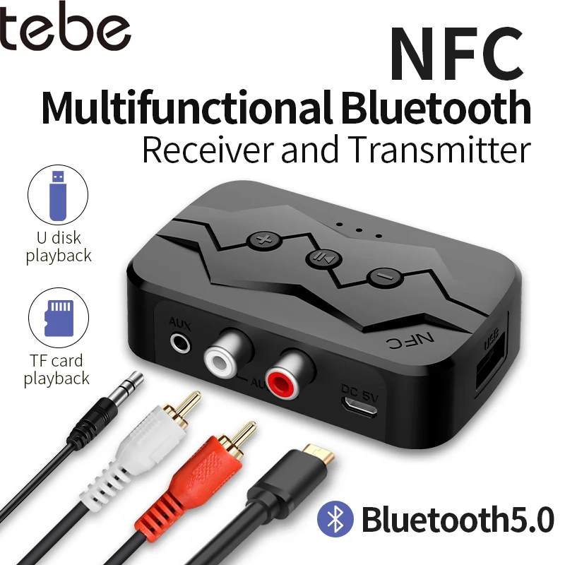 

Аудиоприемник tebe Bluetooth 5,0, RCA, передатчик, NFC, 3,5 мм, AUX, поддержка TF/U-дисков, для автомобиля, ТВ, ПК, наушников