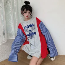 Harajuku женская футболка осенняя одежда корейский стиль Ulzzang Винтаж поддельные два полосатый футболка с длинным рукавом для женщин топы