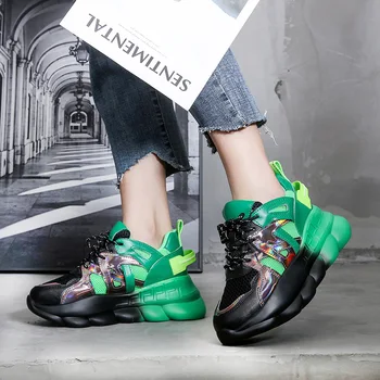 

Rimocy Mix Color Laser Chunky Sneakers Women 2020 New Breathable Mesh Green Vulcanized Shoes Woman High Heels Platform Sneakers