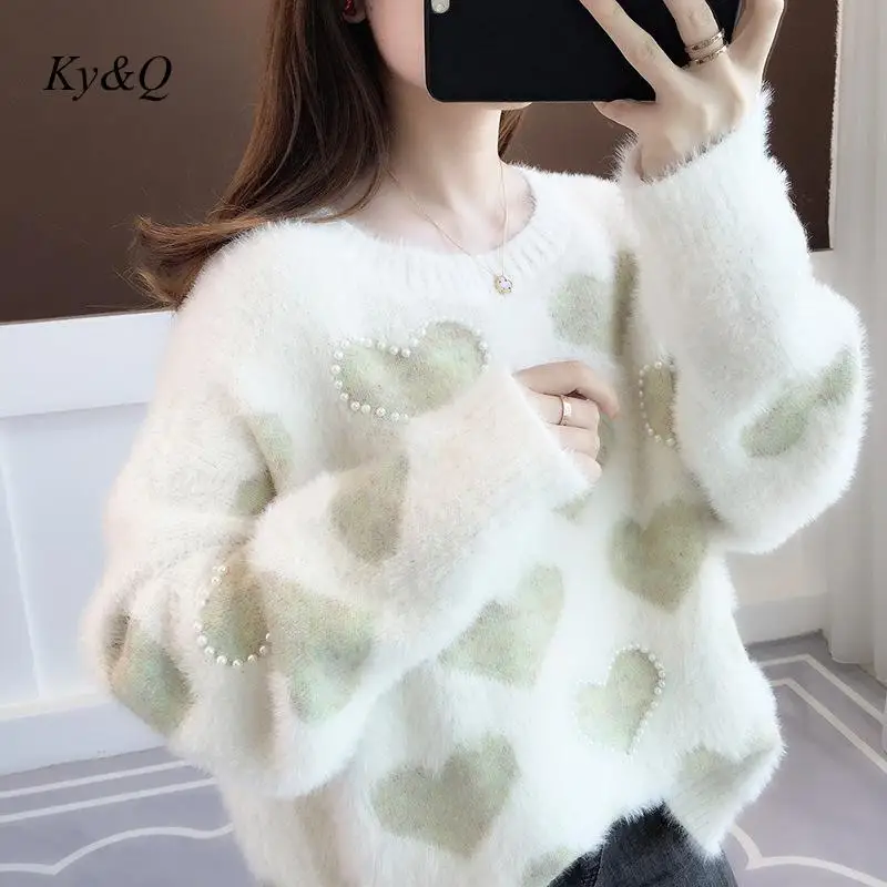 Brand Designer 2019 Women Mink Velvet O-neck Beaded Love Knitted Top Sweet Pullover Female Luxury Thick Runway Jumper | Женская одежда