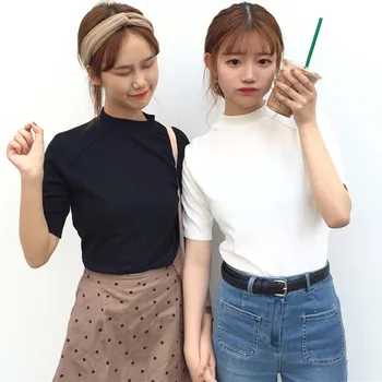 

fashion Tee Shirt Solid Basic T Shirt Women Casual O-neck Harajuku Summer short sleeve slim Top Korean base black White T-shirts