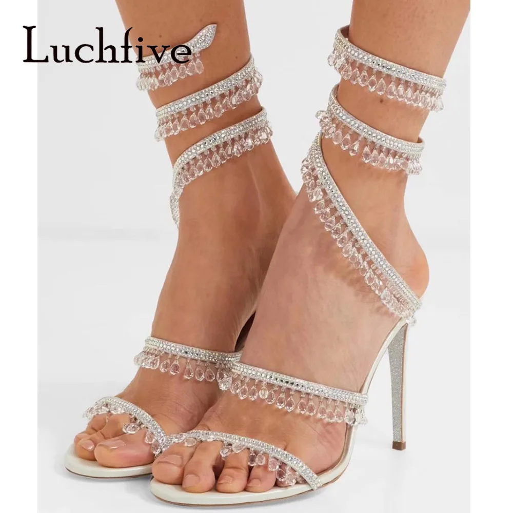 

Luchfive Bling Bling Crystal Sandals Beading Coiled Ankle Strap High Heel Party Shoes Summer Gladiator Strappy Sandals Woman