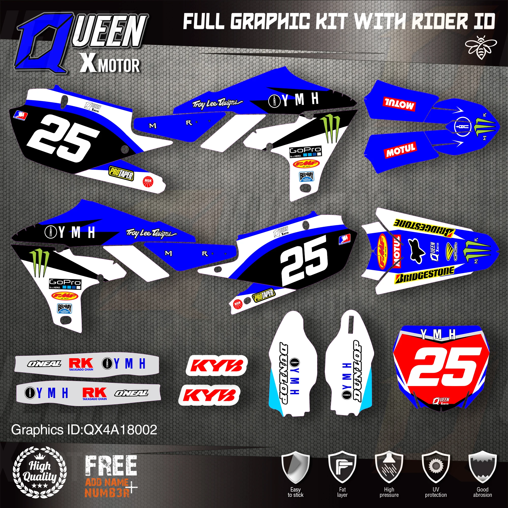 

QUEEN X MOTOR Custom Team Graphics Backgrounds Decals 3M Stickers Kit For YAMAHA 2019-2021 YZ250F 2018-2021 YZ450F 002