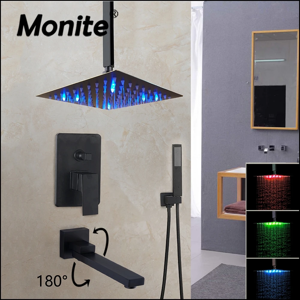 Monite 8 12 16 дюймов матовый черный смеситель для душа ванна дождя светодиодный
