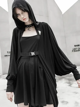 

PUNK RAVE Women Eclipse Printing Loose Hooded Jacket Female Wool Woven Outside Cardigan Thin Section Long Section Autumn Coat
