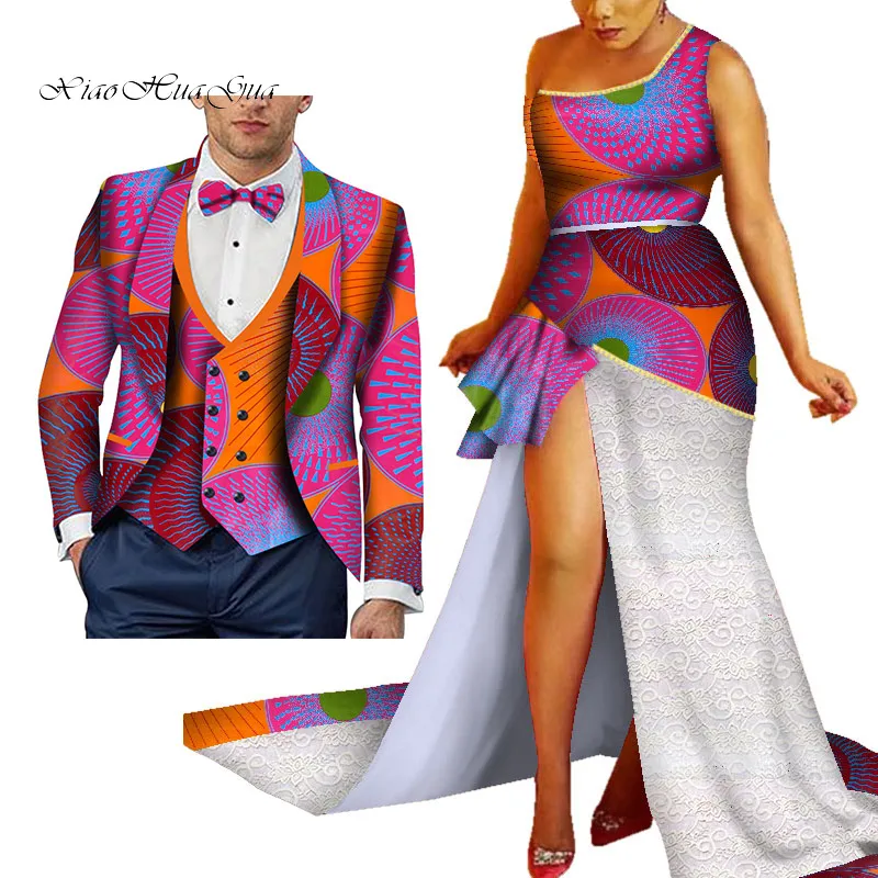 Африканские платья с принтом русалки для пары африканская Дашики одежда для пары женское платье+ мужской блейзер и жилет комплект из 3 предметов WYQ431