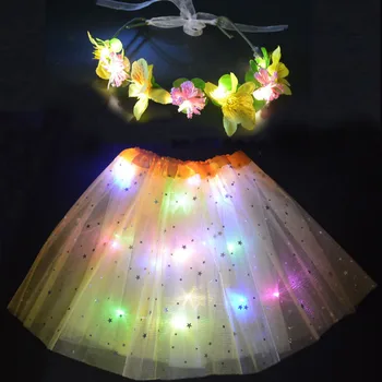 

Girl Women Kids Party Glow Light up Star Skirt Tutu Leis Flower Wreath Crown Set Birthday Gift Led Clothes Christmas Costume