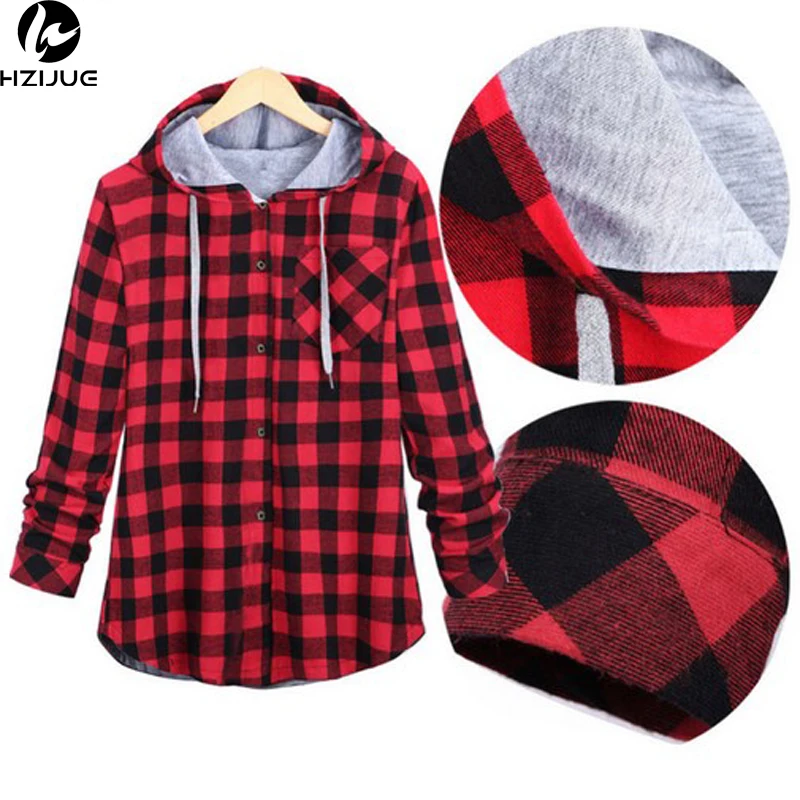Beste Hzijue Vrouwen Toevallige Rode Plaid Shirt Hooded Lange Mouwen Engeland Shirt Tops Mannen Harajuku Zwarte Geruite Blouse Paar Kleren