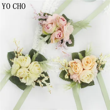 Damigelle d'onore Rose Bracciale in seta Fiori Mariage Sposo Corpetto Fiore all'occhiello Spille Spilla Fiori Ospiti Prom Accessori da sposa