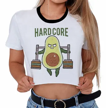 

HARDCORE Letter Print Avocado Vegan T Shirt Women Harajuku Funny Short Crop Top T-shirt 90s Korean Tshirt Vogue Top Tees Female