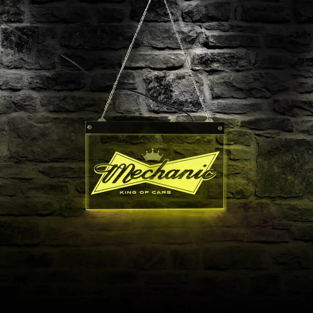 

Mechanic Repair Machinery Store Rectangle Acrylic LED Neon Sign Board King Of Cars Colors Changing USB Led Light Display Sign