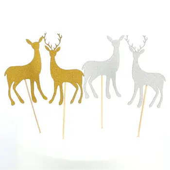 

10pcs Beautiful Elk Cute Deer Cake Toppers Merry Christmas Festival Decoration Navidad Gold Silver Diy Cupcake Paper Supplies