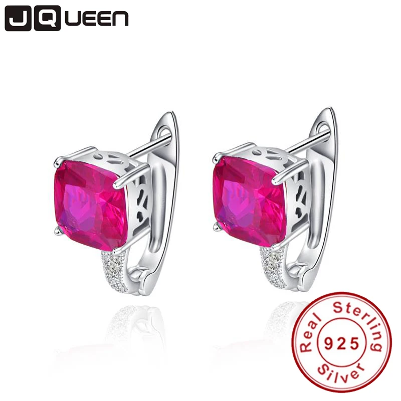 

Exquisite Fashion Rose Red Ruby Earrings Cushion Cut Ear Cuff 3.55g Real Pure 925 Sterling Silver Clip Earring Accessories