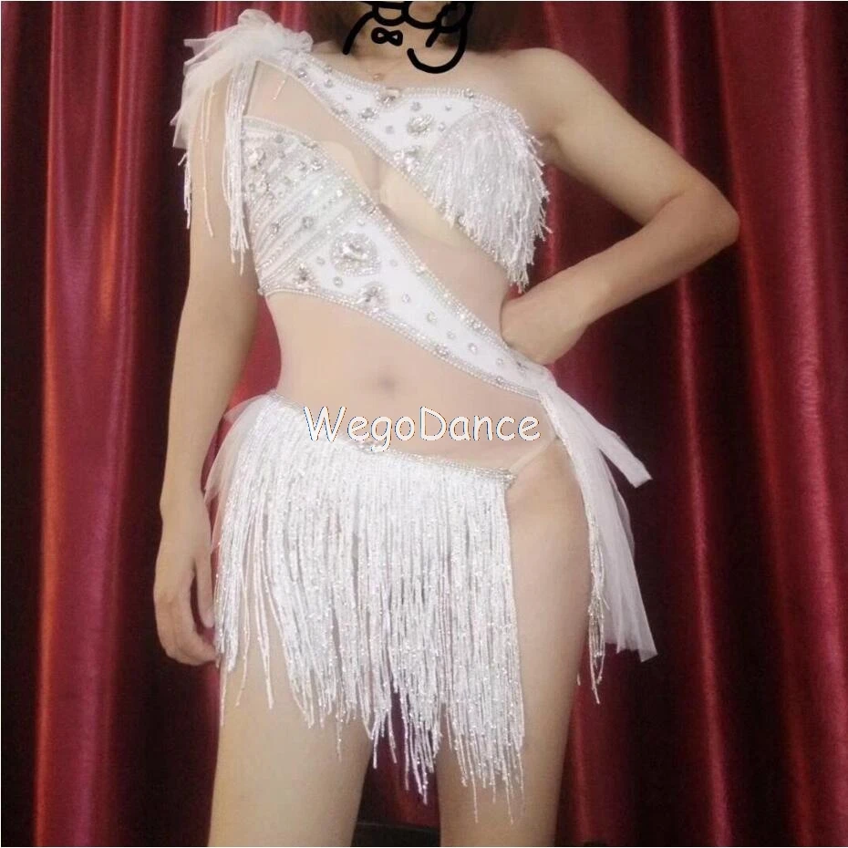 New Women Sexy Rhinestones White Tassel Bodysuit Singer Bar Dance Clothes Leotard Freeshipping - Цвет: Белый