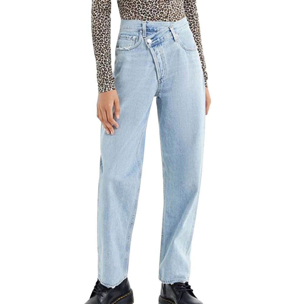 Blue Roll Cuff Boyfriend Jeans Woman Spring Casual Straight Leg High Waist Jeans Streetwear Korean Fashion Pants