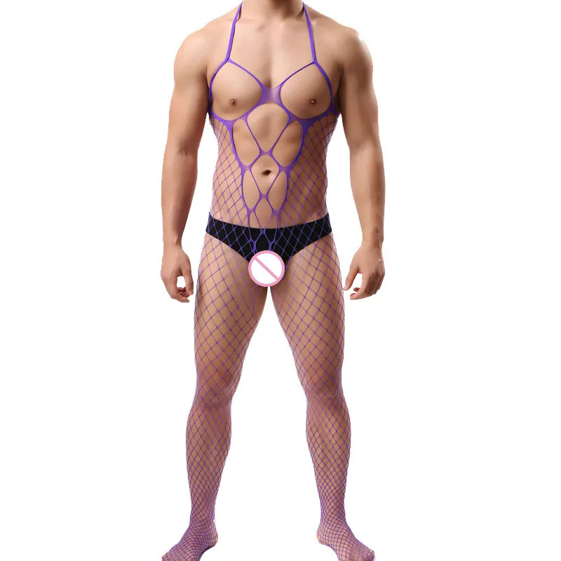 Mens Crotchless Bodysuit For Male Underwear Gay Sexy Lingerie Adult Nightwear Hot Exotic Sex Jumpsuit Net Clothing