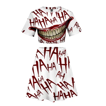 

Haha Joker Two Pieces Set 2019 Summer Short Sleeve 2 Piece Skirt Set Crop Top Tie Dye Patchwork Halloween Horror Skirts Outfits