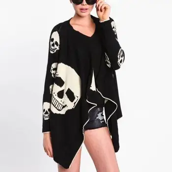 

Knitted Sweater Cardigan Coat Women Plus Size Autumn Halloween Skull Print Irregular Open Front Cardigan Sueter Mujer 2019
