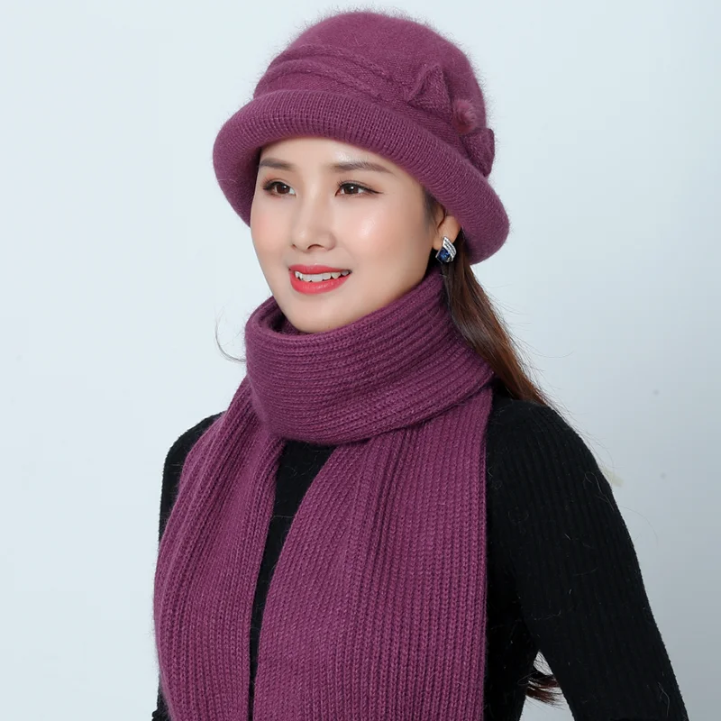 

SUOGRY New Winter Female Knitted Solid Color Knitted Scarf And Hats Set Women Thick Warm Beanies Ms Middle Age Mother limits