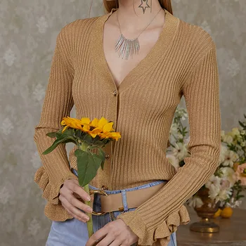 

2020 Spring Women's Knitted Cardigan Ruffles Long-sleeved Solid Color Single Breasted V-neck Slim Lady Knitwear Sweater