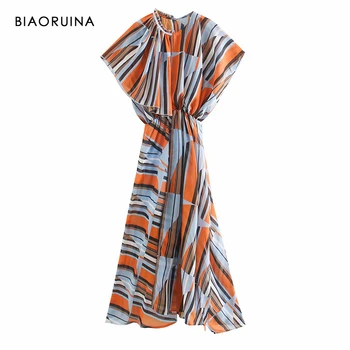 

BIAORUINA Women's Stripes Contrast Loose Maxi Dress O-neck Back Drawstring Female Stretchy High Waist Lined Asymmetrical Dress