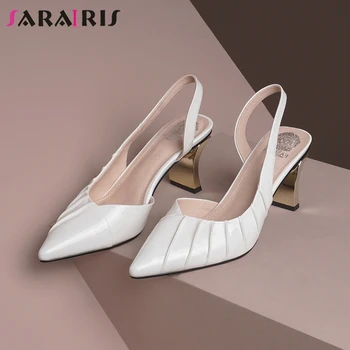 

SARAIRIS Genuine Leather Female Sandals Summer Pointed Toe Pleated Back Strap High Heels Sandals Women Leisure Shoes Woman