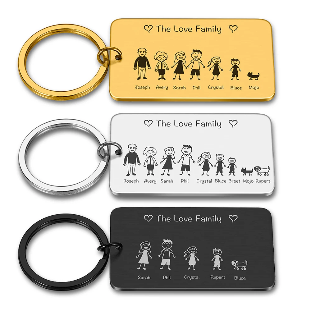 Llavero personalizado con grabado familiar para padres y niños, llavero con bolsa, regalo para miembros familiares