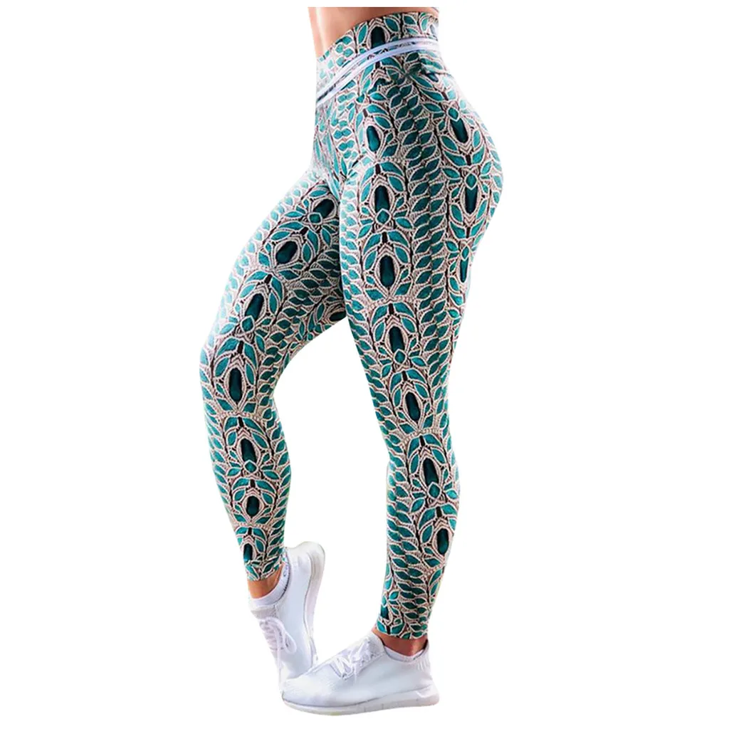 Ladies'printed с завышенной талией в стиле хип стрейч под Штаны бег Фитнес Бесшовные