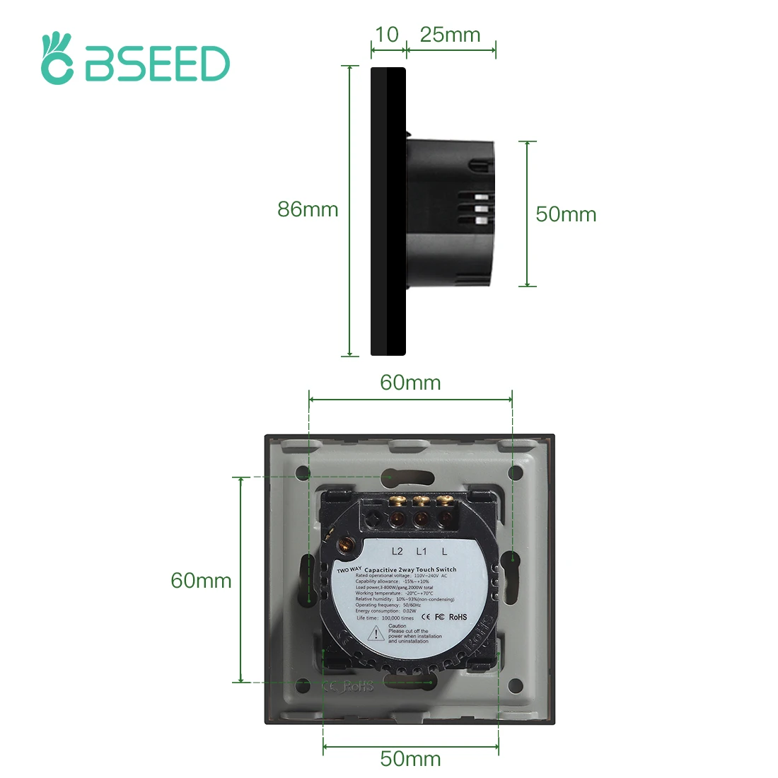 BSEED Interrupteur à variateur d'intensité tactile avec écran en verre et prise européenne standard