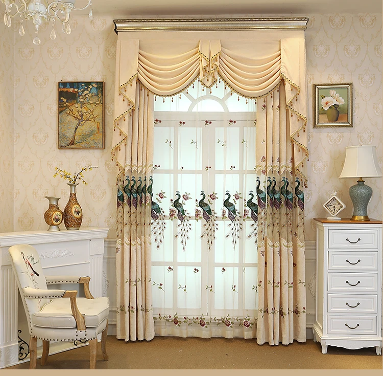 

Luxury Curtains for Bedroom European Pastoral Chenille Curtains for Living Room Woven Valance Embroidery Curtain Tulle