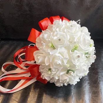 

Bridal Bouquet PE White Rose Red Ribbon Wedding Bouquet Bride Holding Flower Bridesmaid Foam Artificial Simulation Flowers Rose