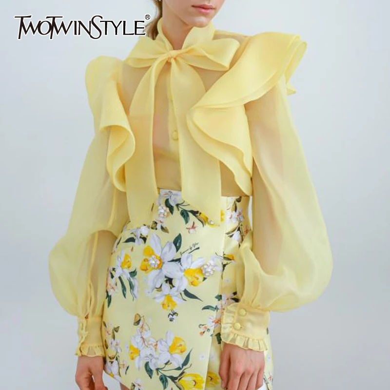 

TWOTWINSTYLE Lace Up Bow Collar Ruffle Puff Long Sleeve Single Breasted Sheer Blouse Women Yellow Shirt Top Lady Streetwear New