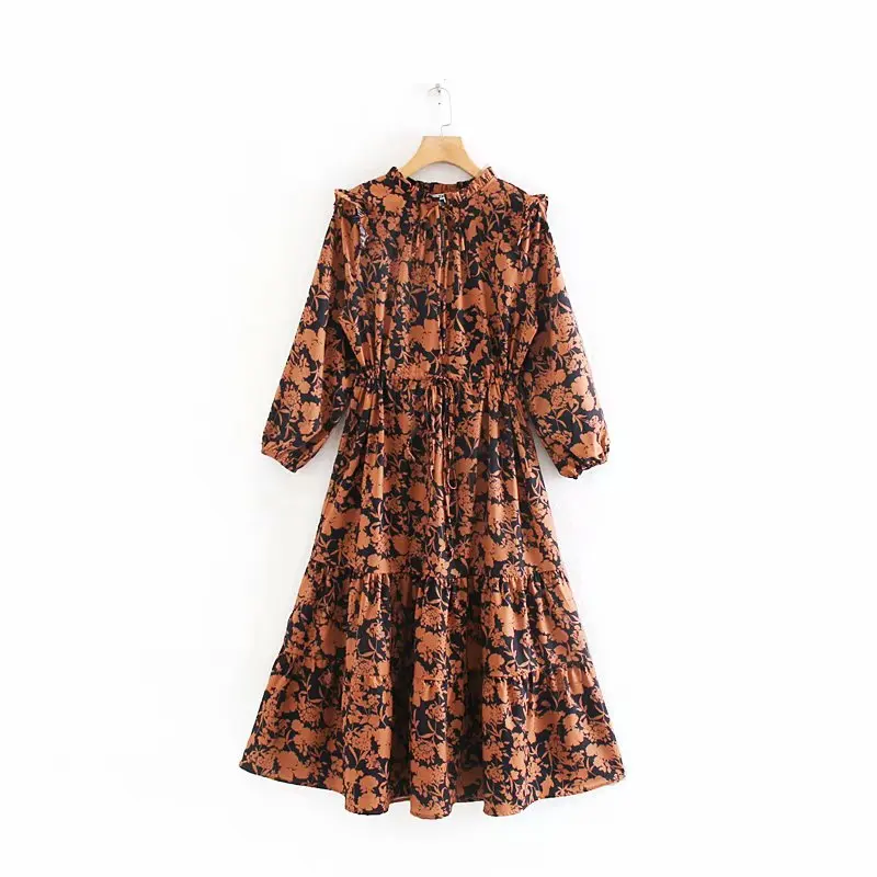 Goedkoop Vrouwen elegante ruches kraag afdrukken shirtdress herfst lady agaric kant ruches vestidos lace up party een lijn Jurken DS3040