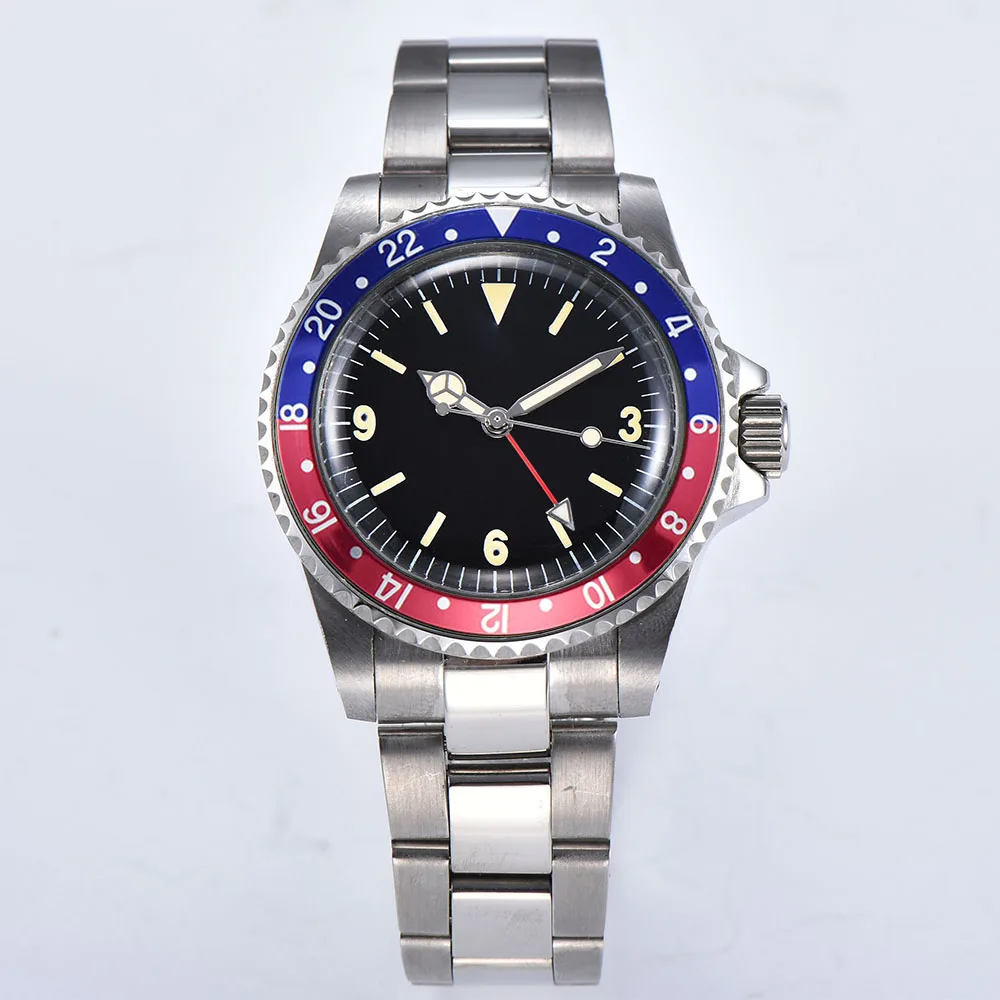 1960 Мужские автоматические механические часы GMT в стиле ретро, 39,5 мм, черный стерильный циферблат, синий и красный цвета, алюминиевый лист, светящийся ободок 03