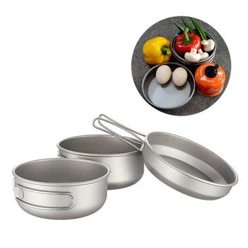 

Titanium 3-Piece Pot and Pan Camping Hiking Cookware Set Bowl Outdoor Portable Folding Handle