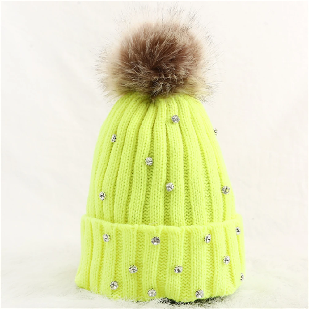 Новое поступление, шапка из лисьего меха, зимняя шапка со стразами, шапка для девочек, вязаная шапка из фасоли, брендовая новая Толстая шапка - Цвет: Green