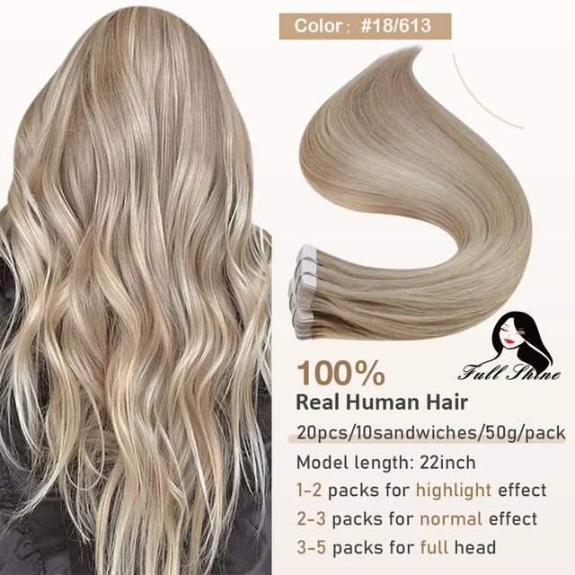 Full Shine Tape In Human Hair Extensions Blonde 100% Real Remy Human Hair Skin Weft Adhesive Glue On For Salon High Quality P18 613