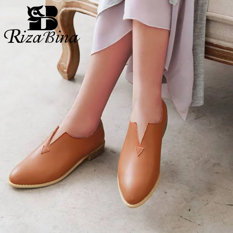 

RIZABINA Spring Women Pumps Round Toe Low Heel Leather Slip On Shallow Simple Shoes Retro Ladies Footwear Black Size 34-48