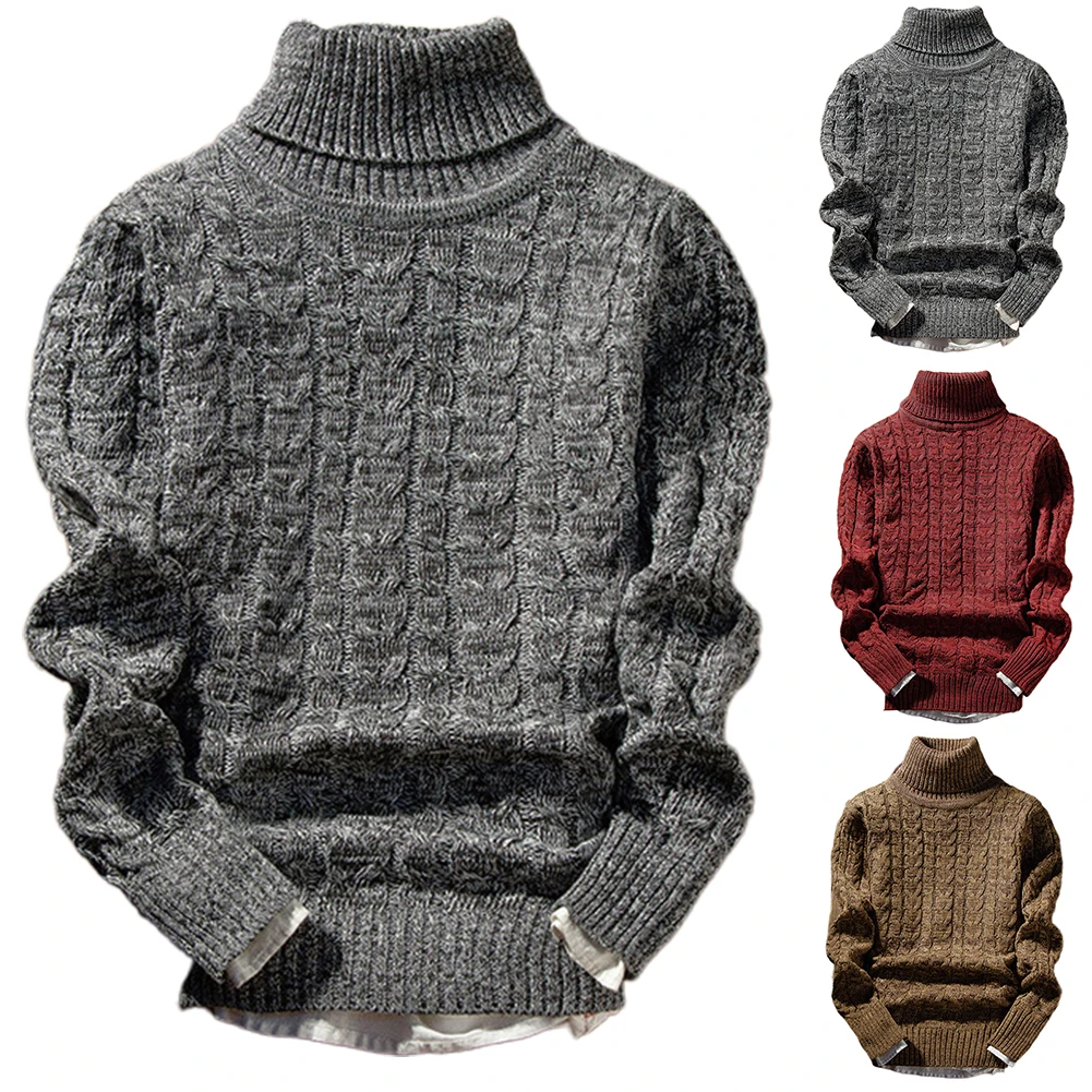 Casual Men Solid Color Winter Turtle Neck Long Sleeve Twist Slim Knitted Sweater - Image 2