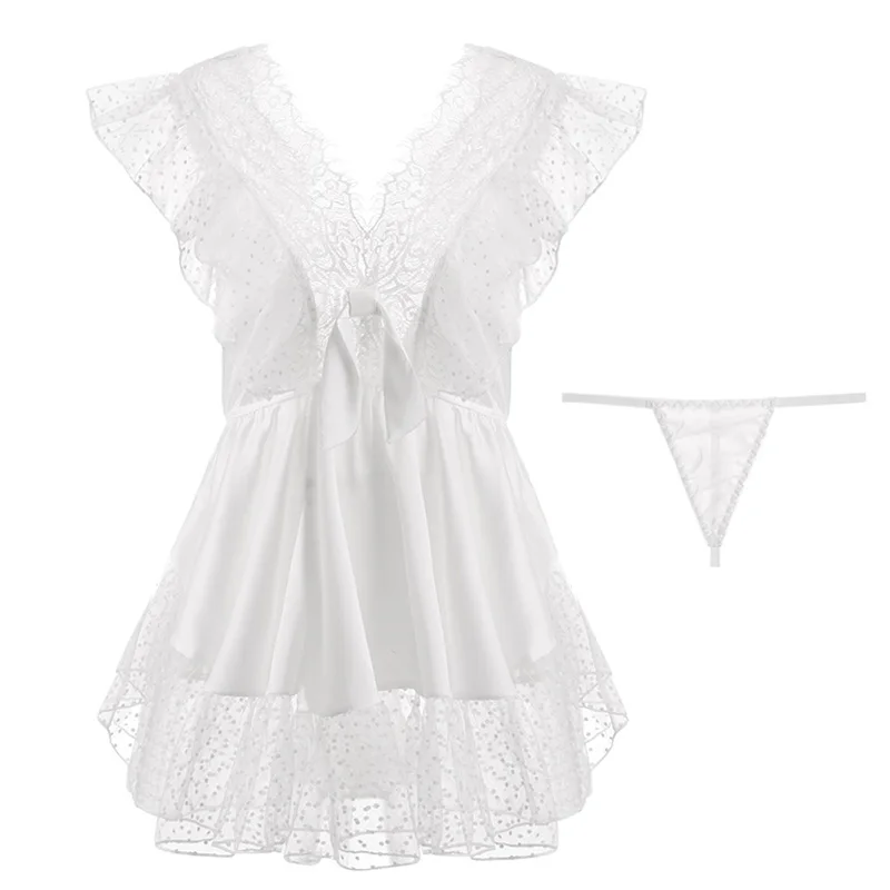 New 2020 white young girl summer thin lace stitching perspective deep V backless temptation ice silk nightdress nightgown set